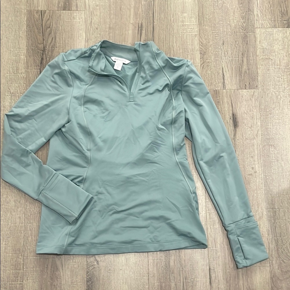 Athleta Grey Teal Long Sleeve Pull Over Medium with Hand Covers